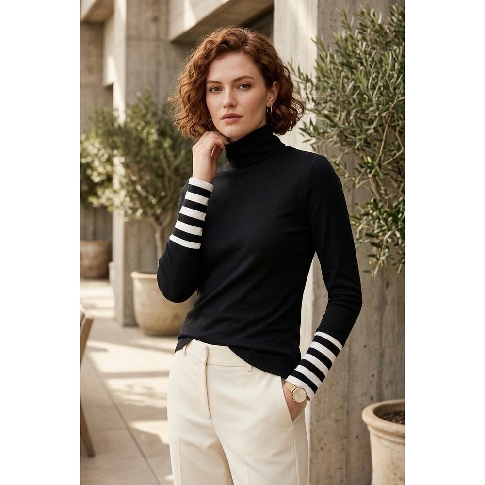 Lauren Ralph Lauren Womens Black Turtleneck Top Striped Cuffs RL Logo Size M